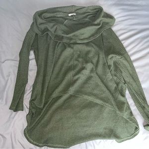 Boutique Green Waffle Knit Cowl Neck Sweater